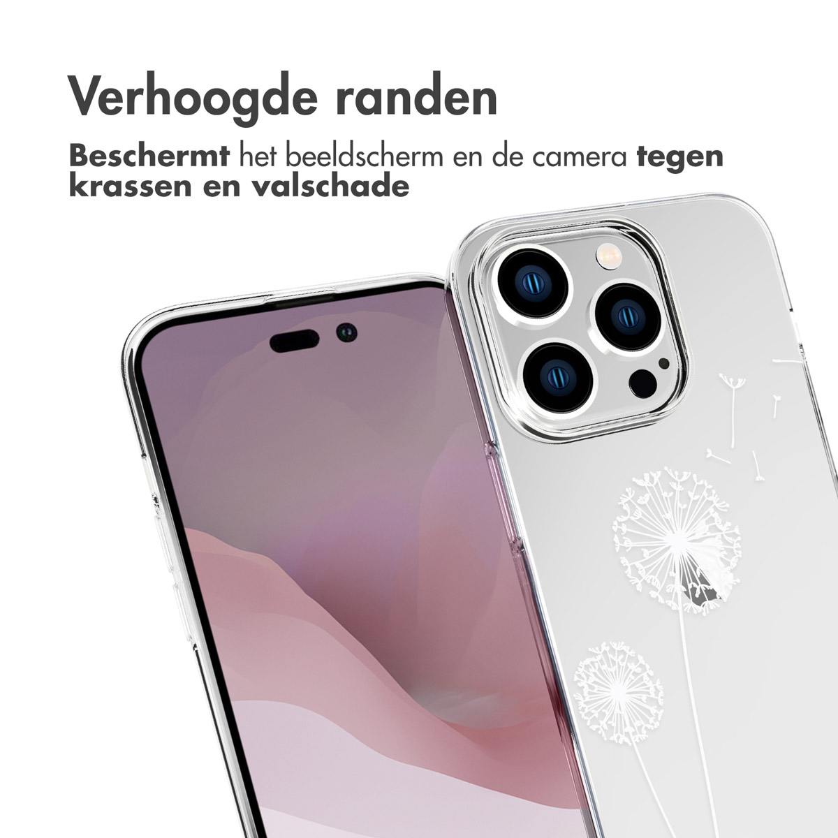 Custodia per telefono con una cover trasparente e un design di soffione, accanto a un telefono con display dell'ora.
