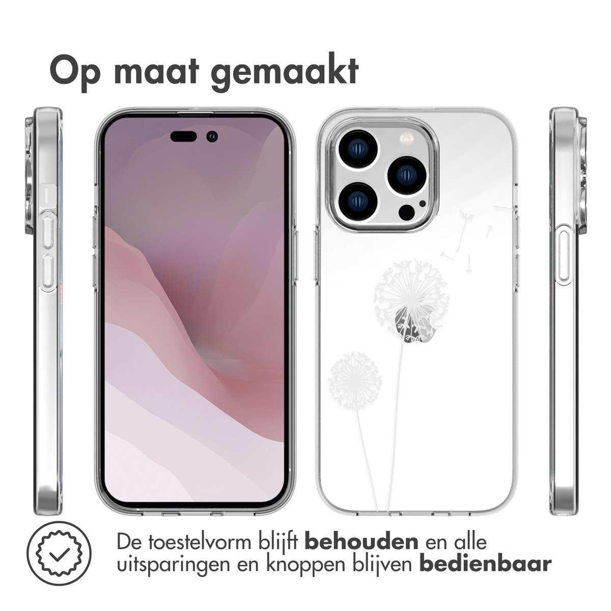 Custodia trasparente per telefono. Le viste laterali e frontali mostrano il design. Testo 'Op maat gemaakt'.
