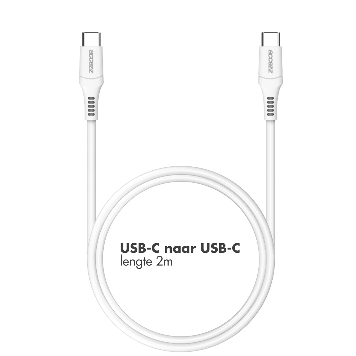 Câble USB-C vers USB-C blanc sur fond blanc. Texte 'USB-C naar USB-C lengte 2m'.