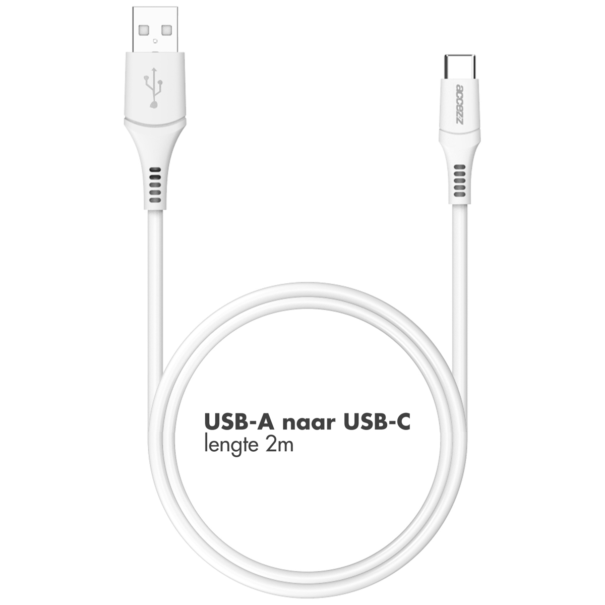 Câble USB-A vers USB-C blanc. Le câble est enroulé.