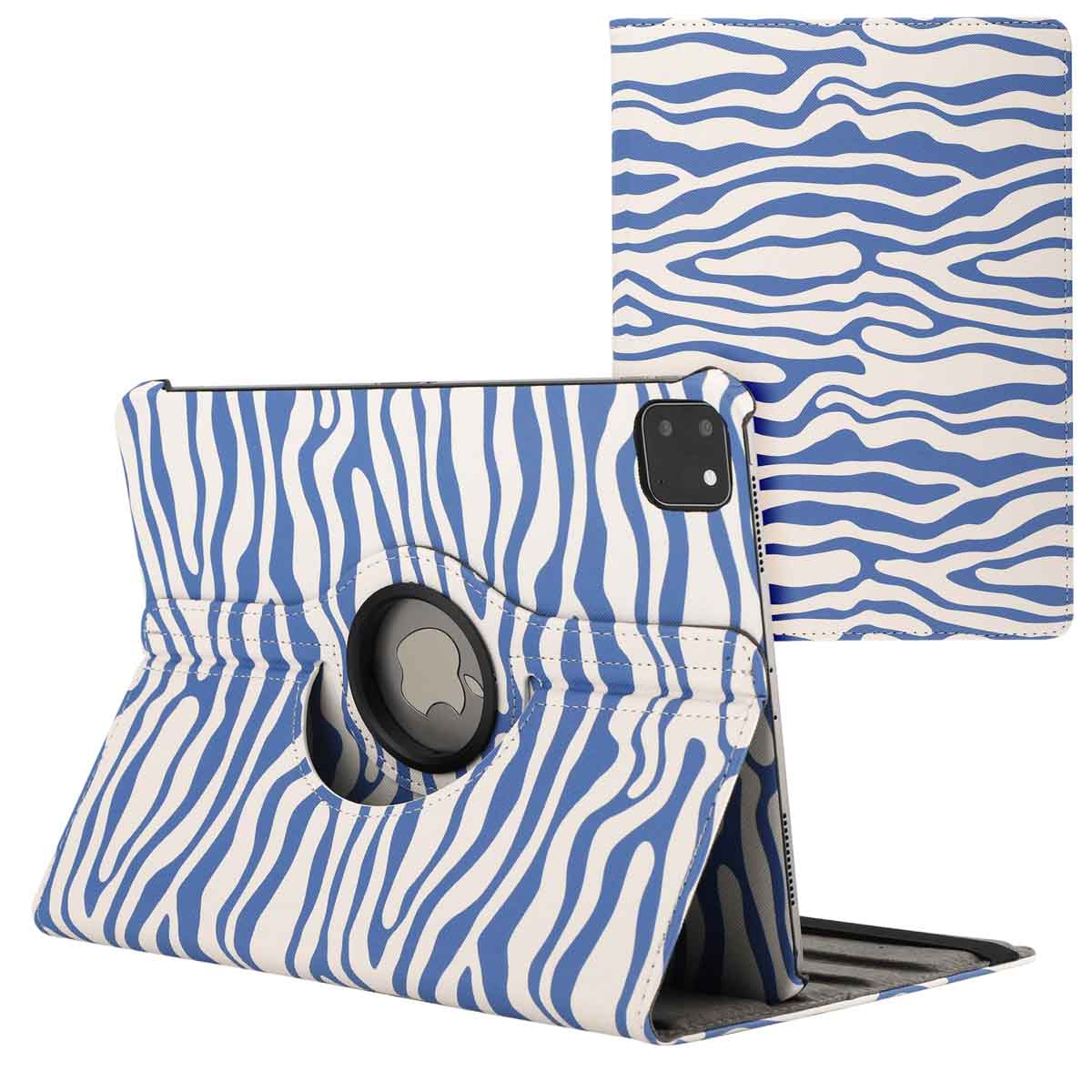 Tablet case with blue zebra stripes, opened to display the tablet.