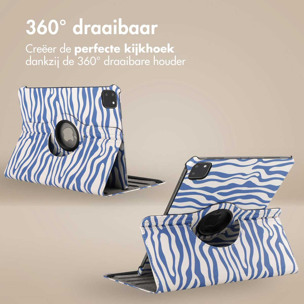 Tablet case with zebra pattern, rotating, angled, white background.