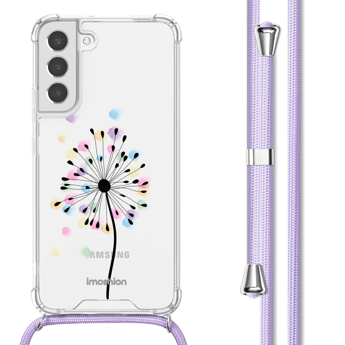 Coque de téléphone transparente avec un motif de pissenlit et un cordon violet. Le téléphone dit Samsung.