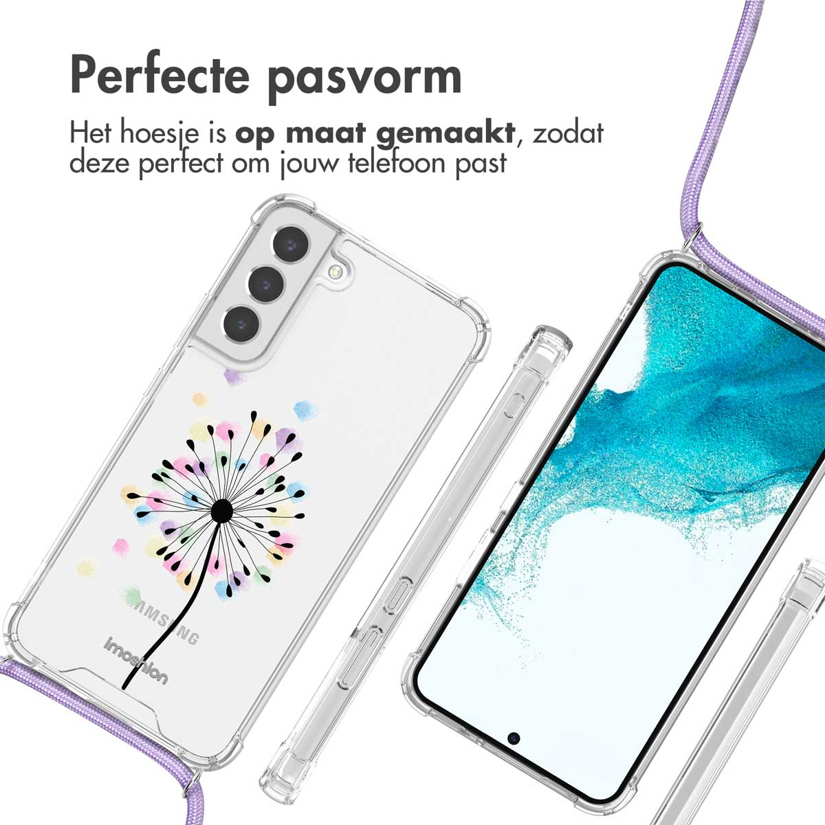 Coque de téléphone transparente avec motif de pissenlit et cordon violet.