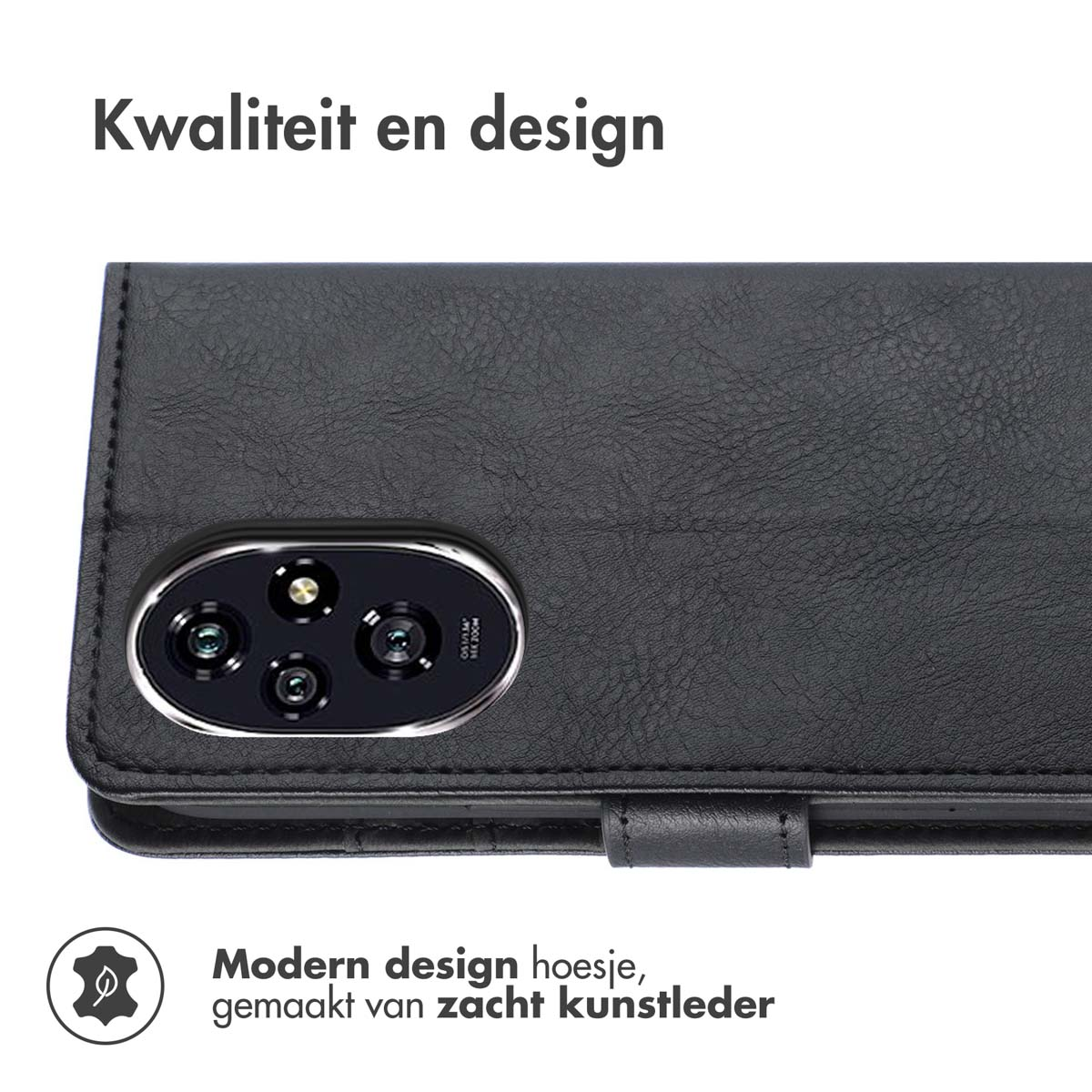 Schwarze Handyhülle mit Kamera, aus Leder. Oben steht: "Qualität und Design".