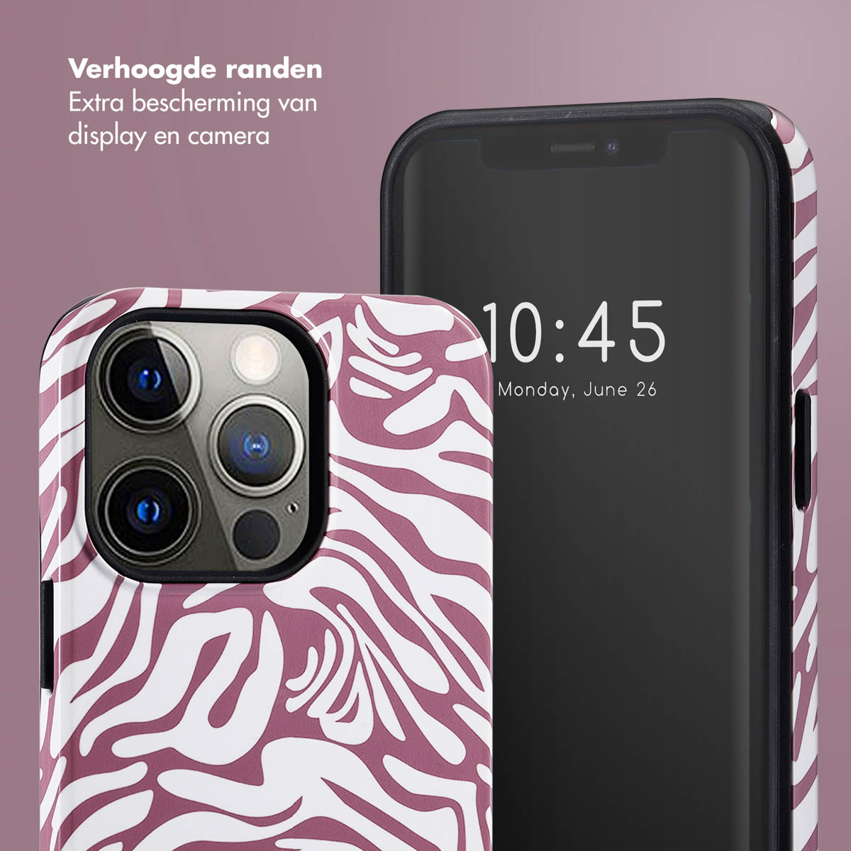 Telefoon in een zebraprint hoesje met tijd, 10:45, maandag 26 juni.