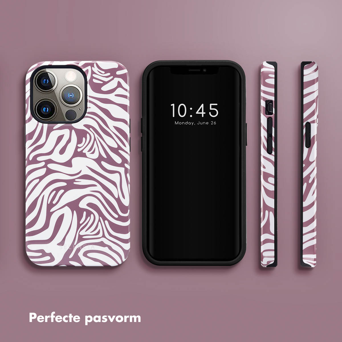 Telefoon en telefoonhoesje met een paars en wit zebrapatroon. Twee zijhoesjes worden ook getoond.