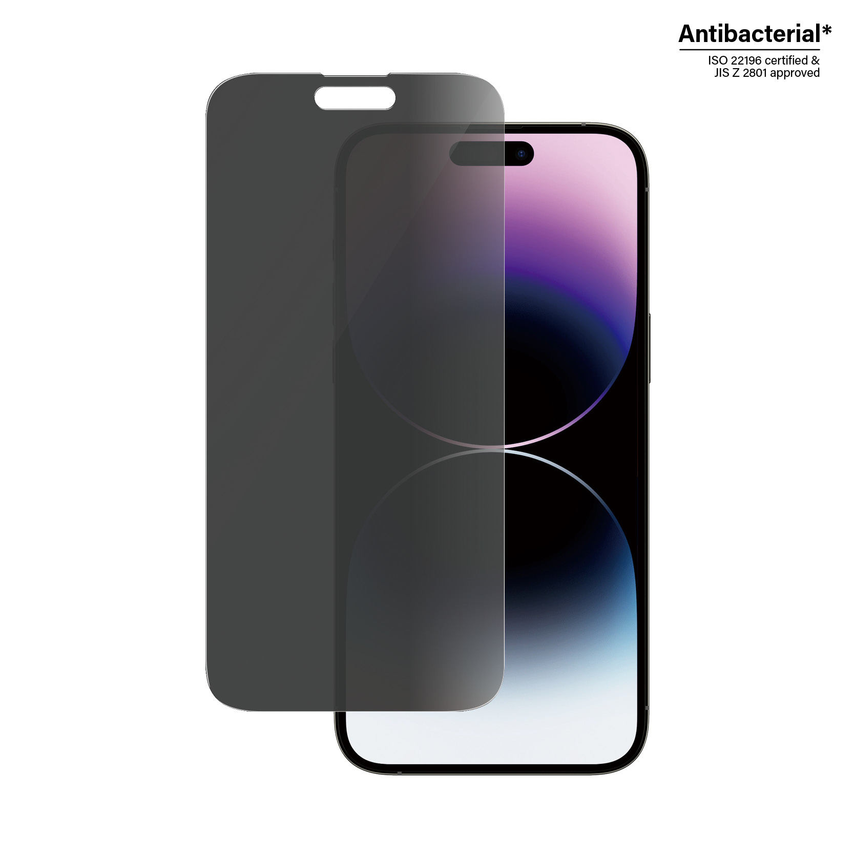 Telefon mit Displayschutzfolie. Zwei Schutzfolien werden angezeigt, eine über dem Telefon.