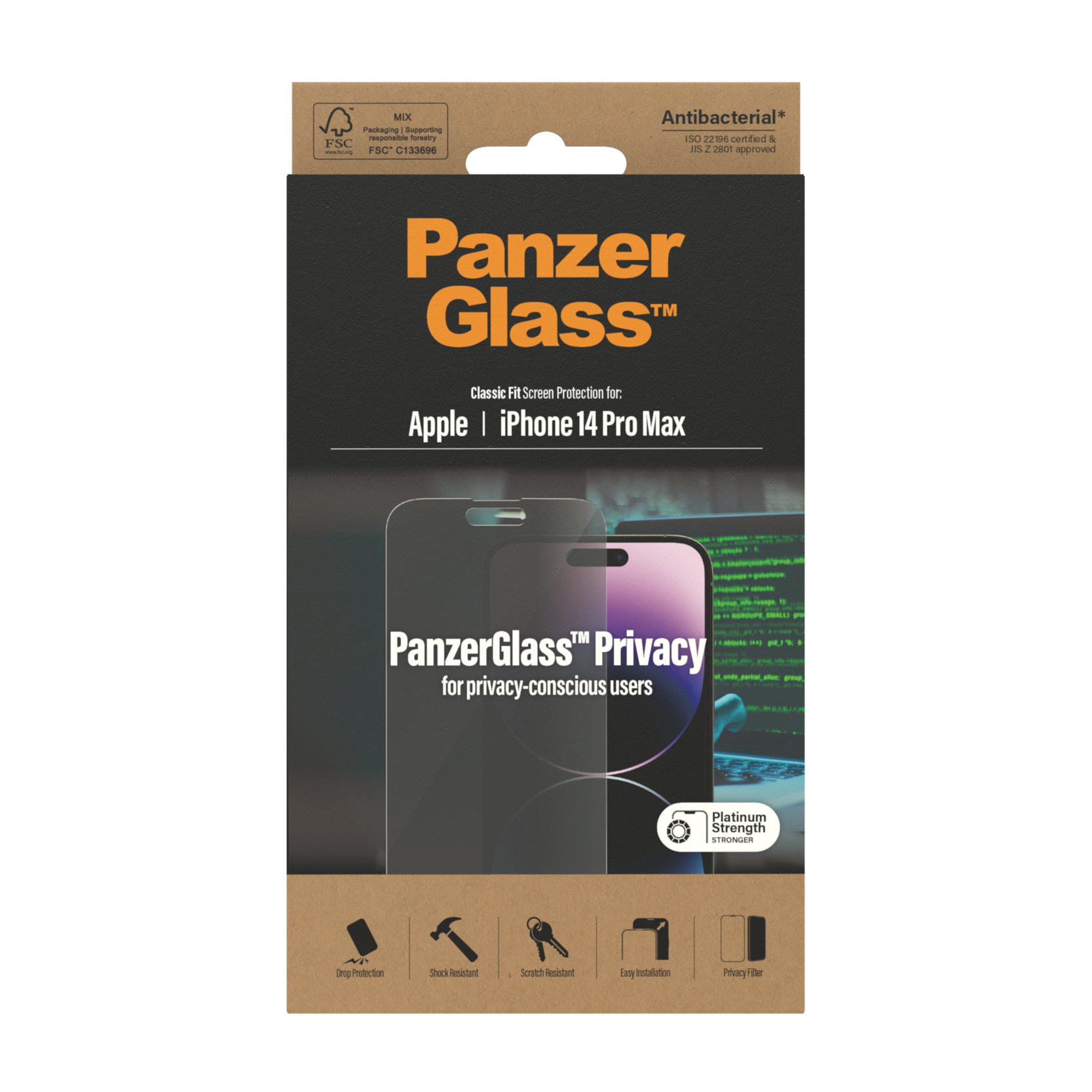 Verpackung für einen Displayschutz. Die Box zeigt ein Telefon und den Schutz. Das Design ist schwarz-weiß.