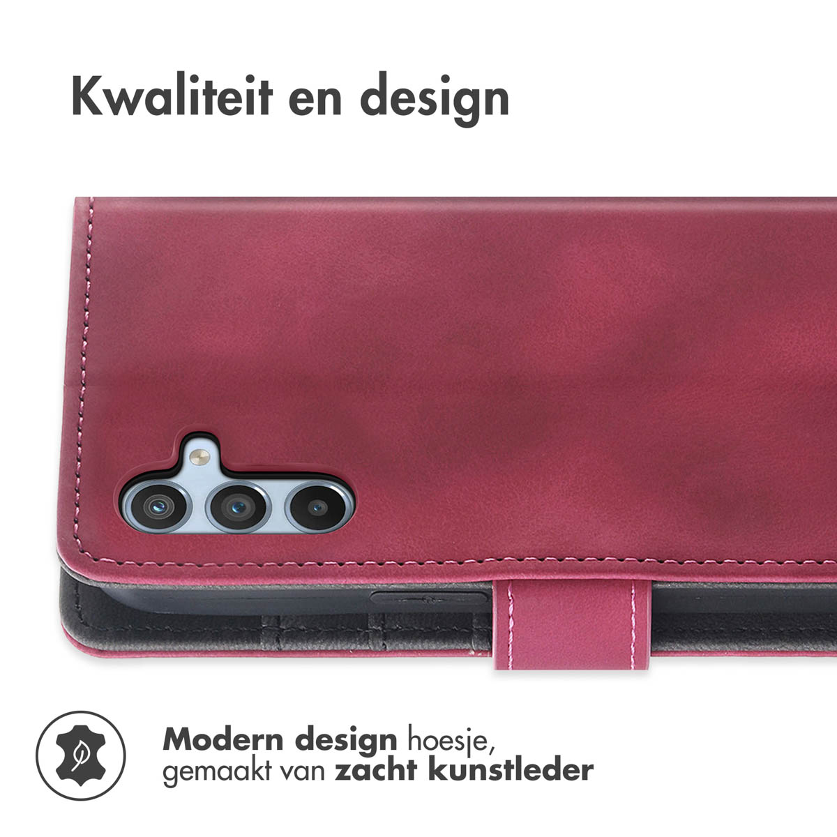 Coque bordeaux avec appareil photo, en cuir. Texte : "Qualité et design".