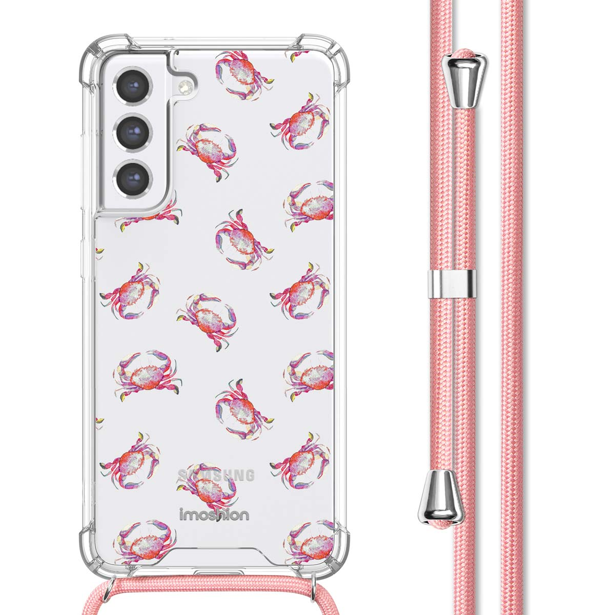 Coque de téléphone transparente avec motif de crabes et cordon rose.