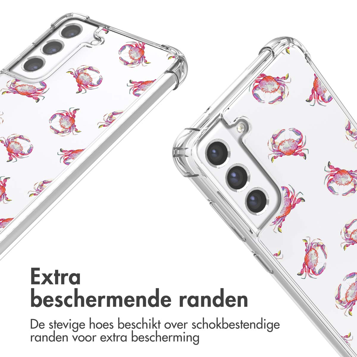 Coques de téléphone transparentes avec un motif de crabes répétés. Texte : bords extra protecteurs.