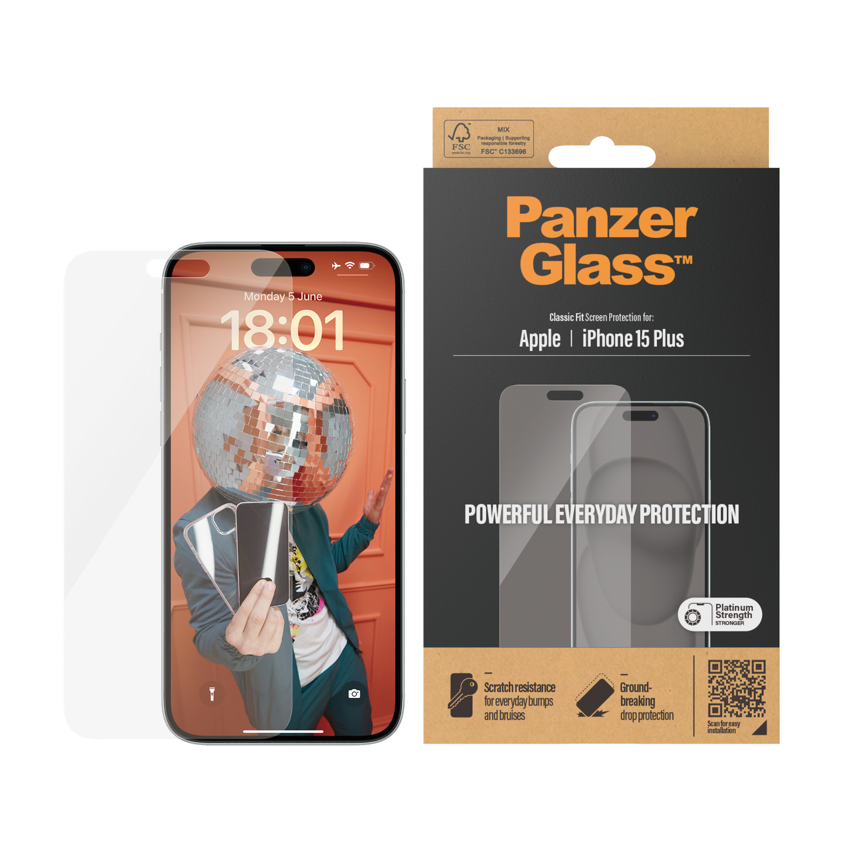 Telefoonschermbeschermer in een doos. Telefoon met discobalhoofd. Tekst PanzerGlass.