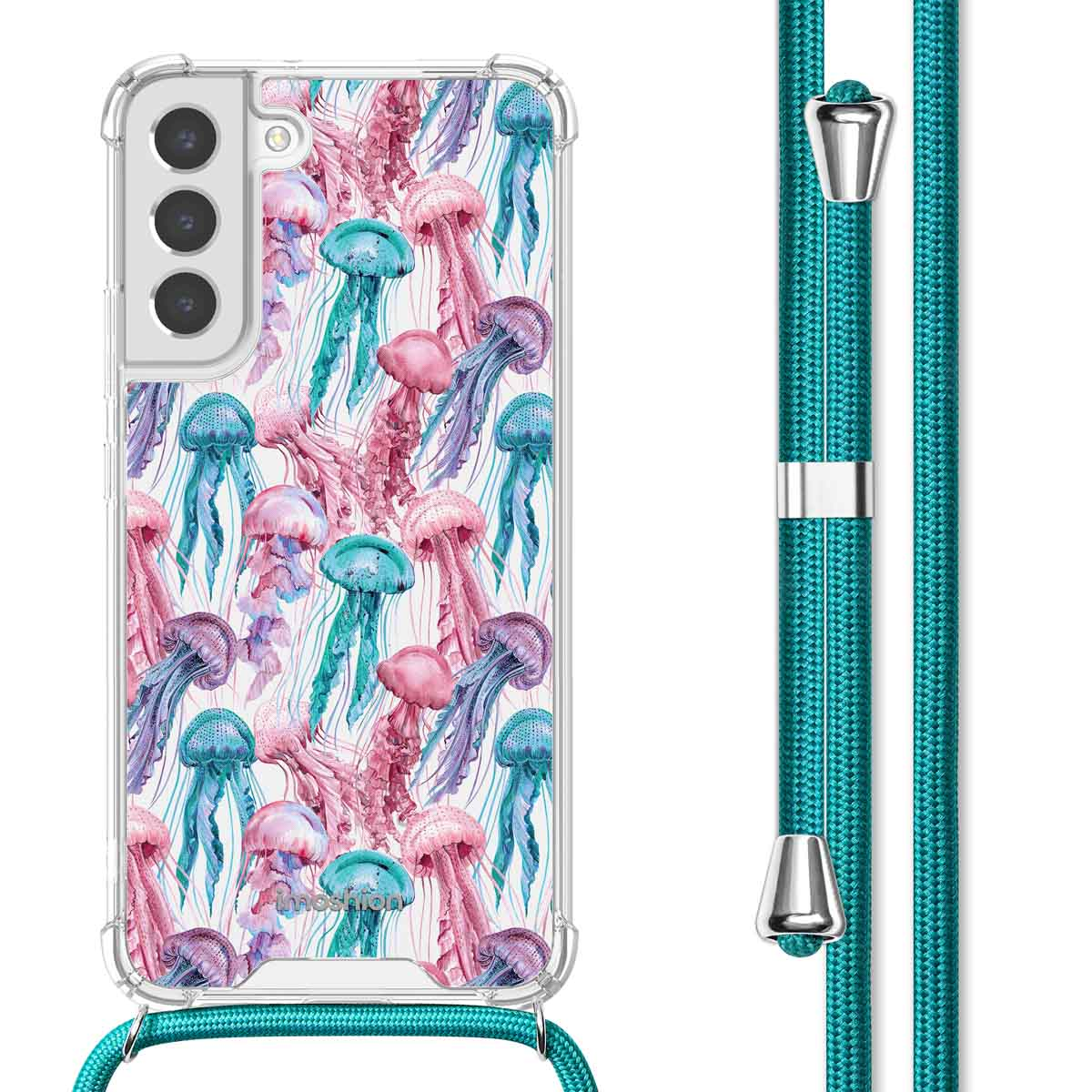 Coque de téléphone avec une sangle turquoise. L'étui a un motif de méduses. Sangle turquoise visible.