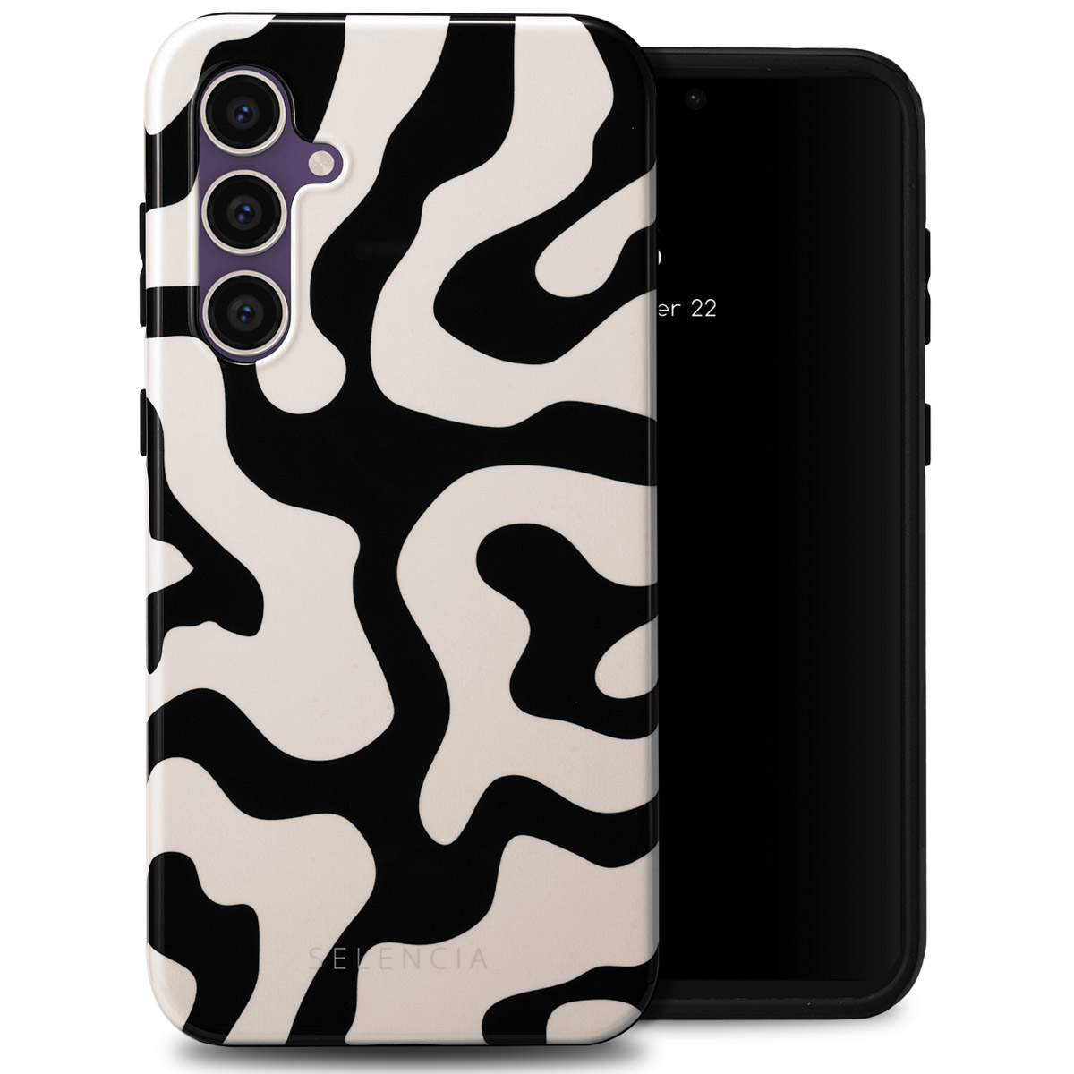 Coque de téléphone. Fond blanc avec des vagues noires. Téléphone à droite. La coque est Selencia.
