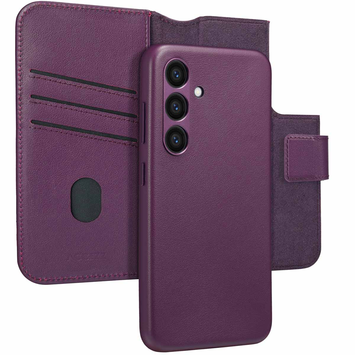 Une coque de téléphone violette avec une fonction portefeuille, montrant un téléphone et des fentes pour cartes.