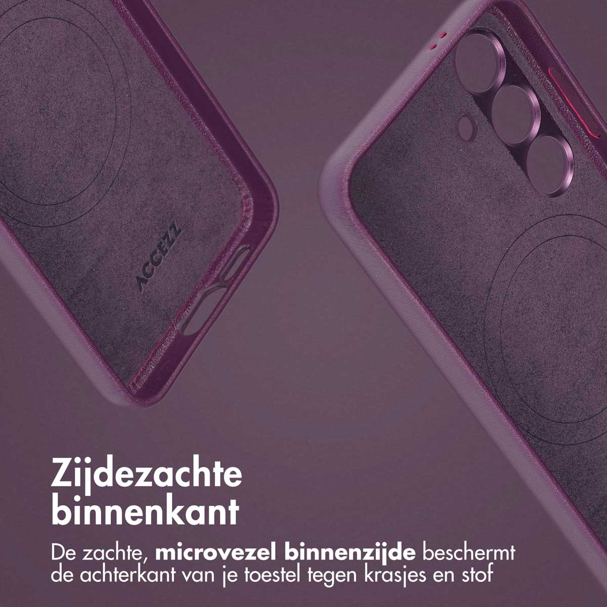 Gros plan sur l'intérieur d'une coque de téléphone violette. Le texte indique "Intérieur doux" et protège l'appareil.