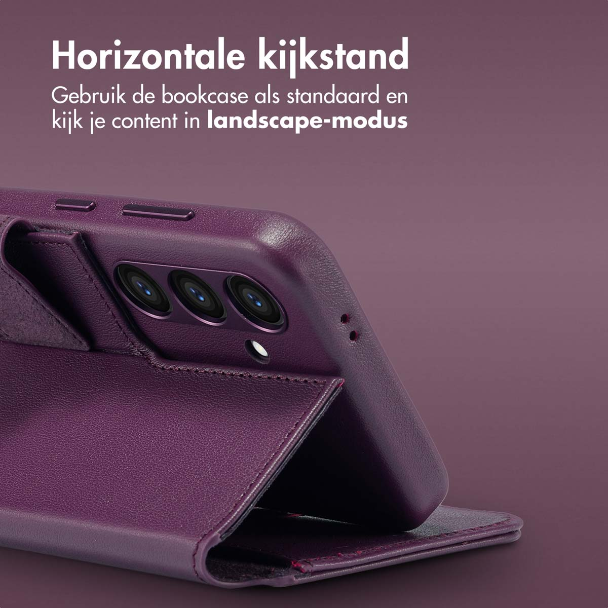 Une coque de téléphone violette en mode paysage. Le texte dit : "Support de visualisation horizontal".