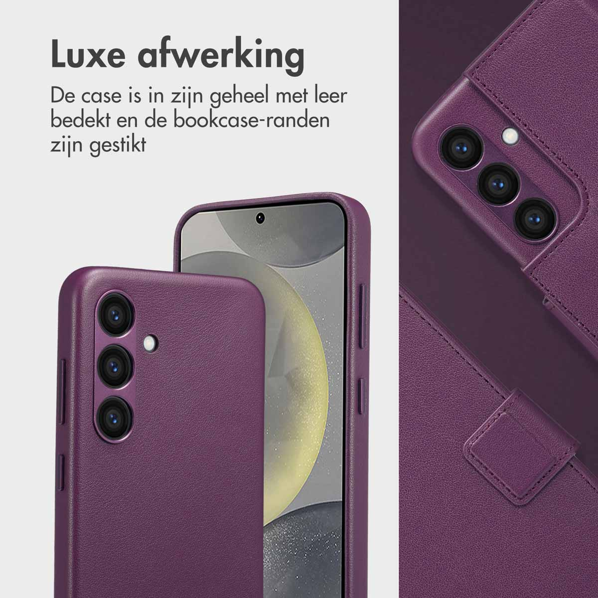Coque de téléphone violette avec une finition premium. Le texte dit : "Finition luxueuse". Le téléphone et l'étui sont recouverts de cuir.