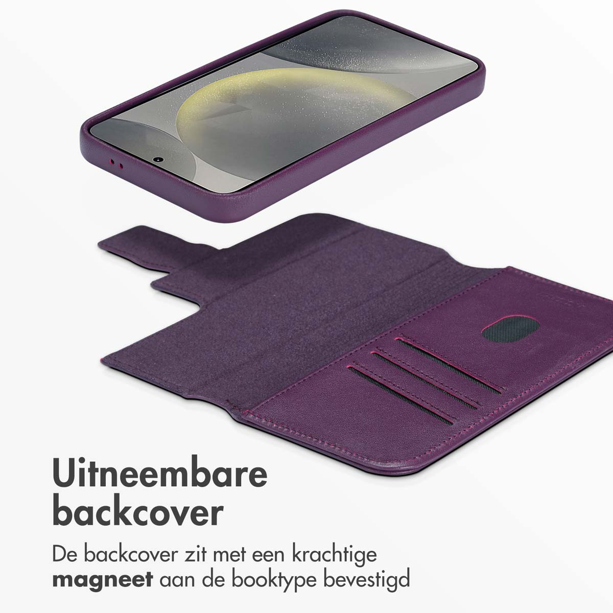 Coque de téléphone violette avec cache arrière amovible. Le texte dit : "Cache arrière amovible" avec fixation magnétique.