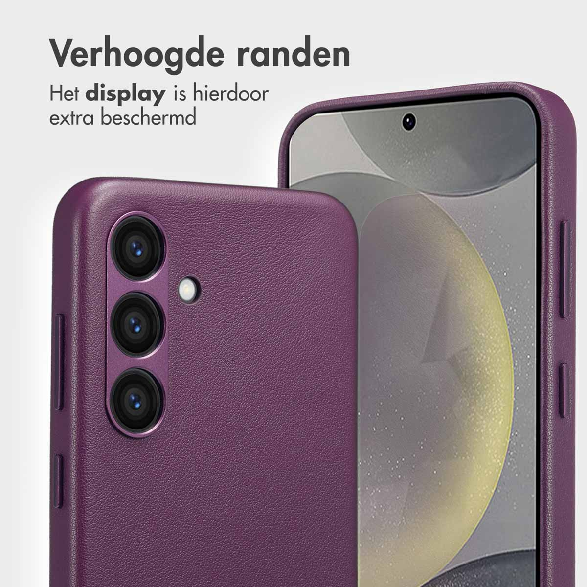 Coque de téléphone violette avec des bords surélevés. Le texte dit : "Bords surélevés" et protège l'écran.