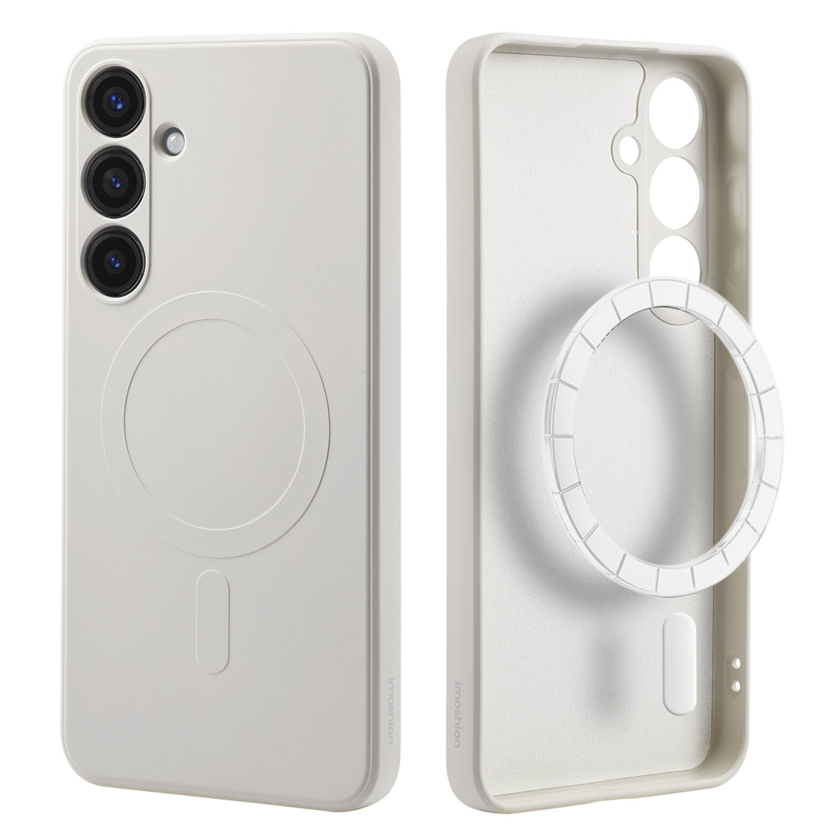 Twee telefoonhoesjes, één in wit, de andere met een witte ring.