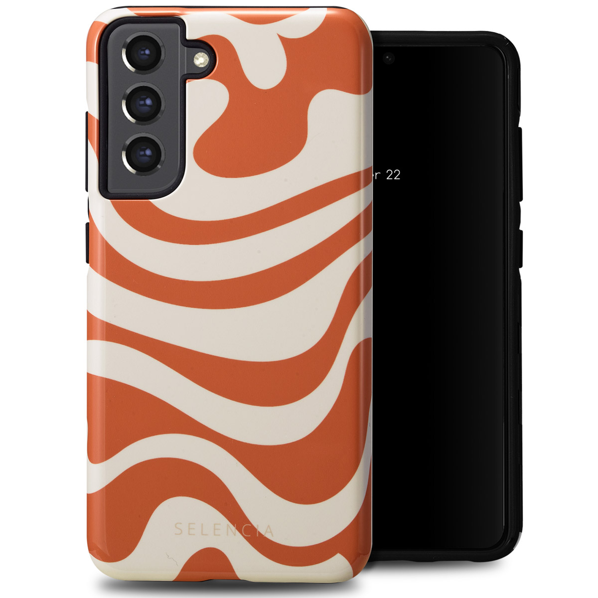 Custodia per telefono con design a onde arancioni e bianche, posizionata su un telefono nero. Il telefono mostra uno schermo nero.