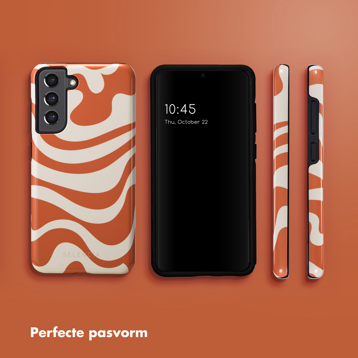Telefono con custodia a onde arancioni e bianche, con due viste laterali.