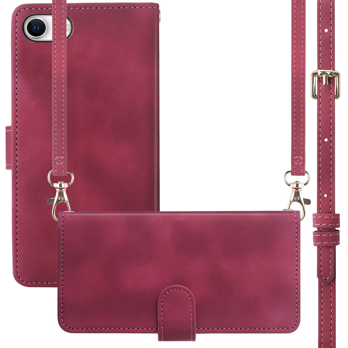 Rood telefoonhoesje met een riem. Het is een portemonnee hoesje met een riem. De riem heeft een gesp.