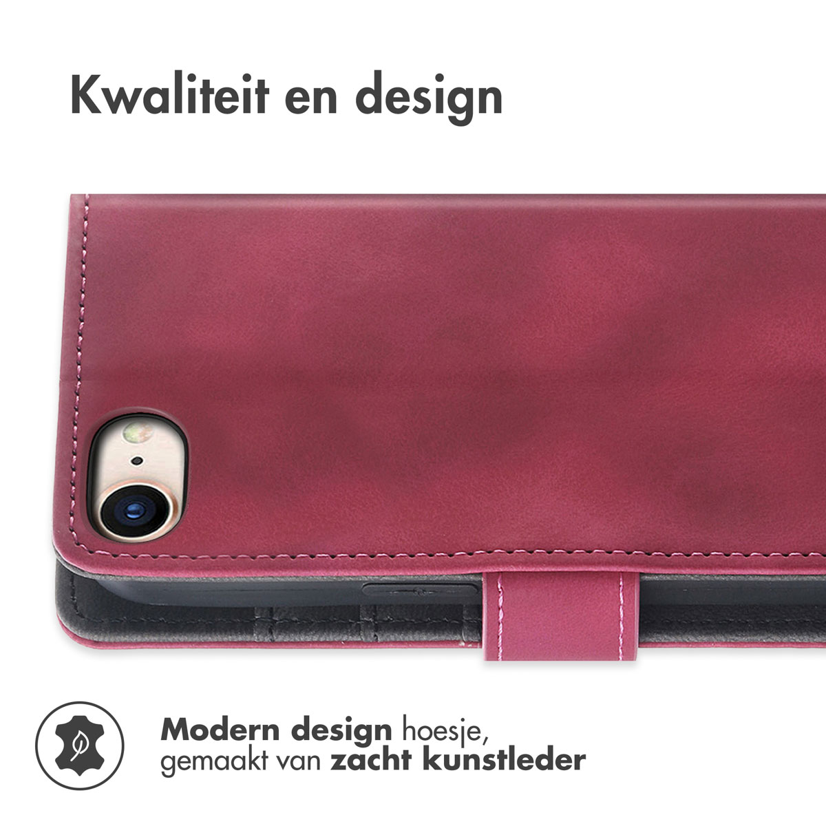 Rode telefoonhoes, opengeklapt. Tekst: 'Modern design, gemaakt van zacht kunstleer'.