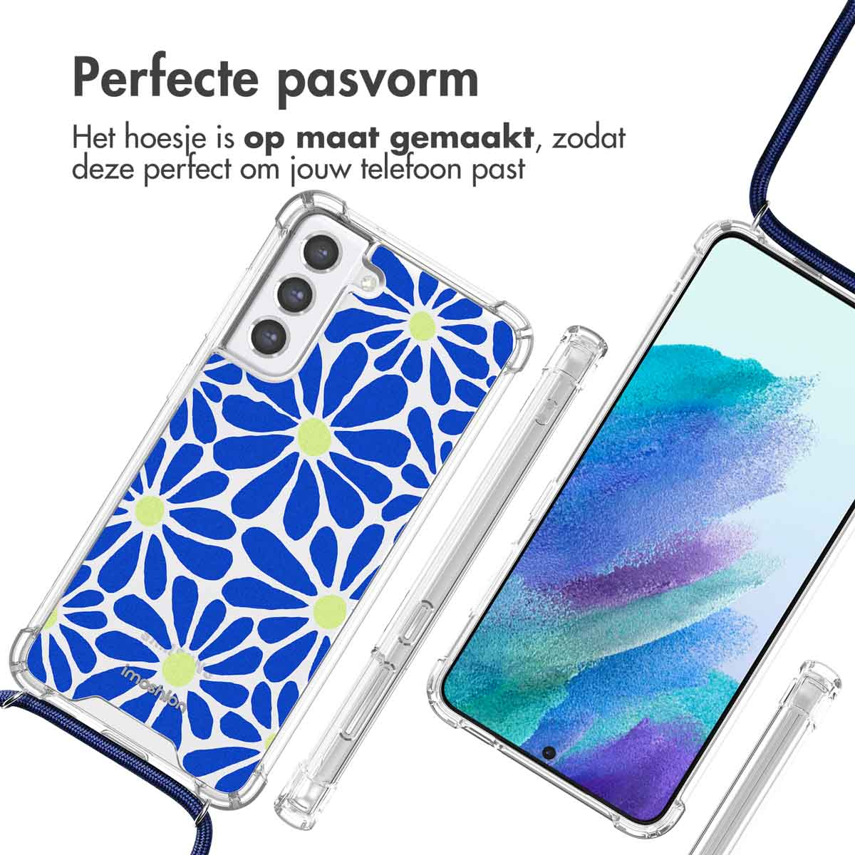 Téléphone dans une coque transparente avec un motif floral bleu et jaune.