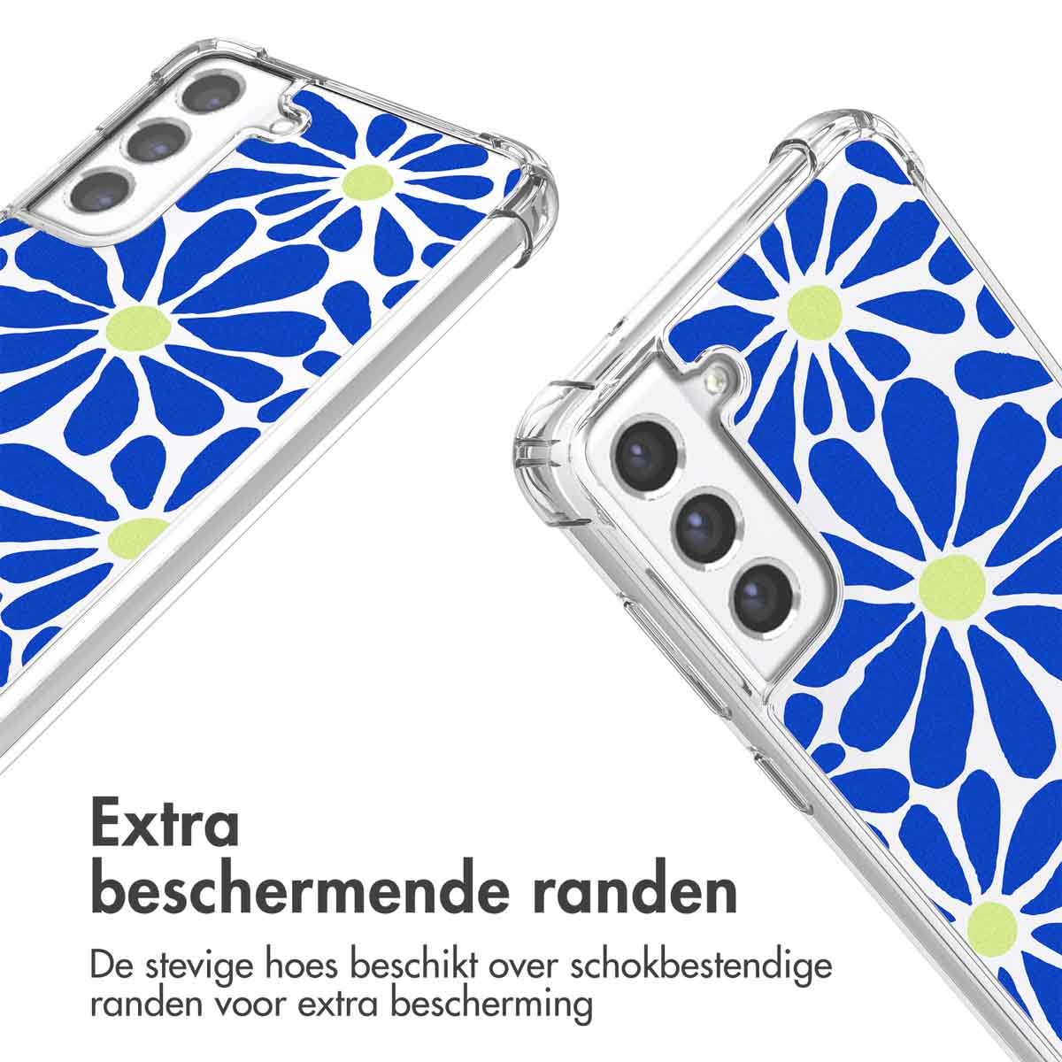 Deux coques de téléphone transparentes avec un motif de fleurs bleues. Les coques ont des bords protecteurs. Le fond est blanc.