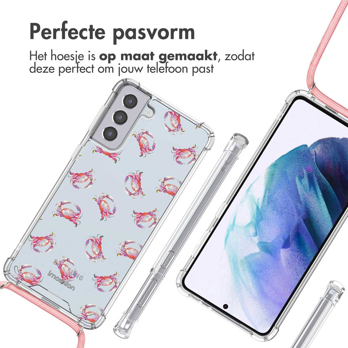Coque de téléphone avec motif de crabes, coque transparente, sangle rose. Téléphones à côté.