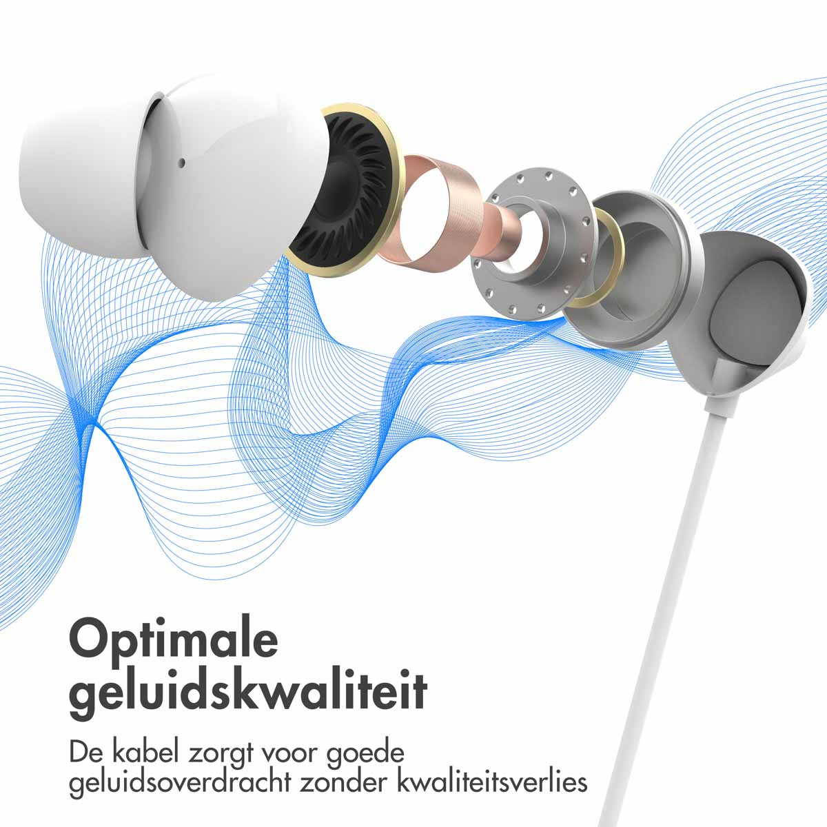 White earbuds with exploded view showing internal components and blue lines.