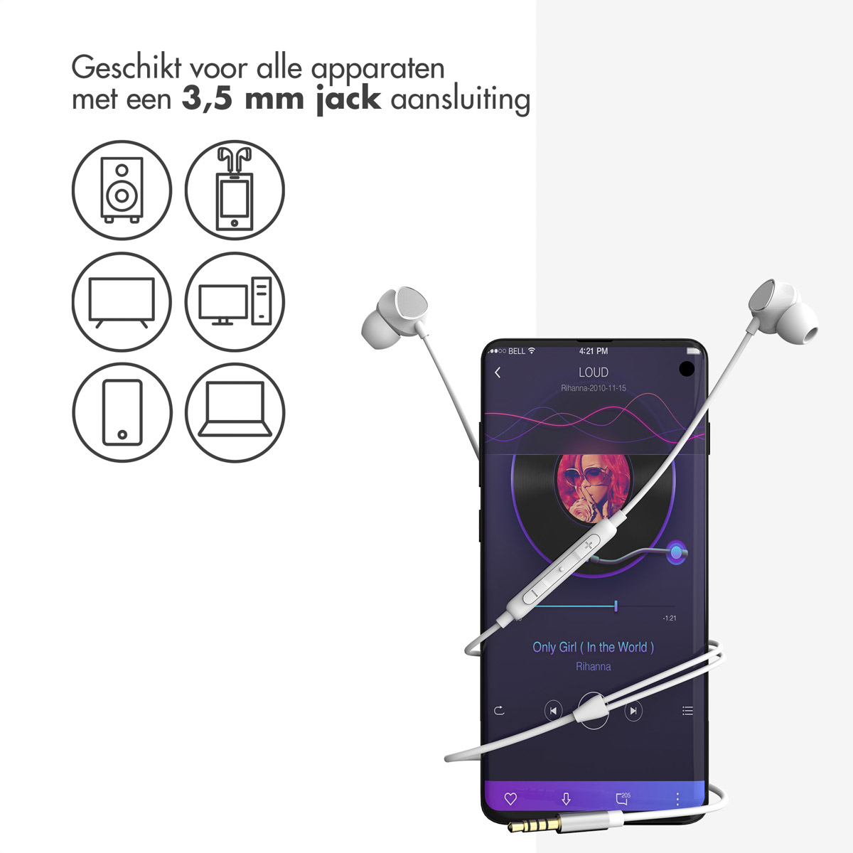 White earphones connected to a smartphone playing music. Icons of different devices are shown.