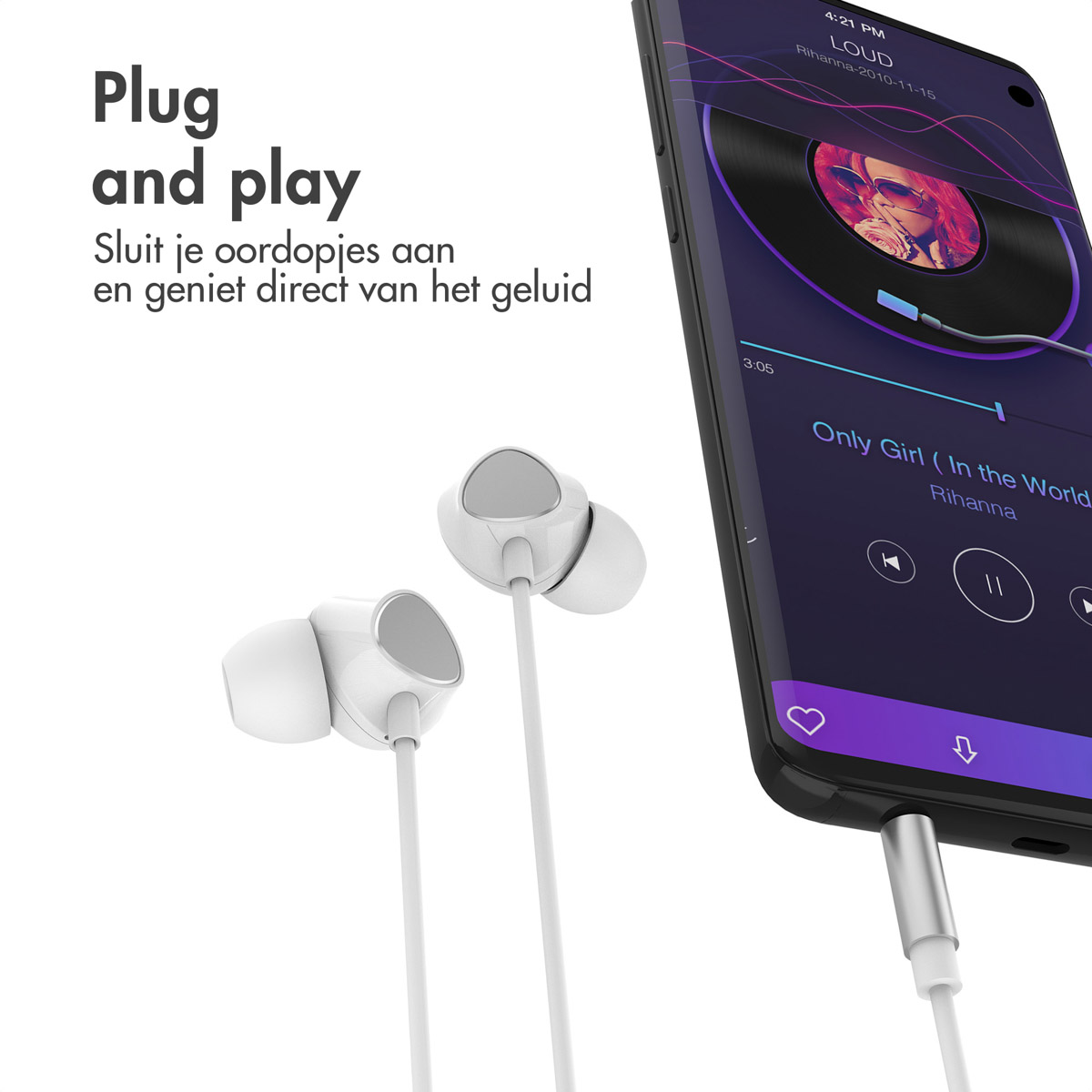 White earphones plugged into a phone displaying a music app.