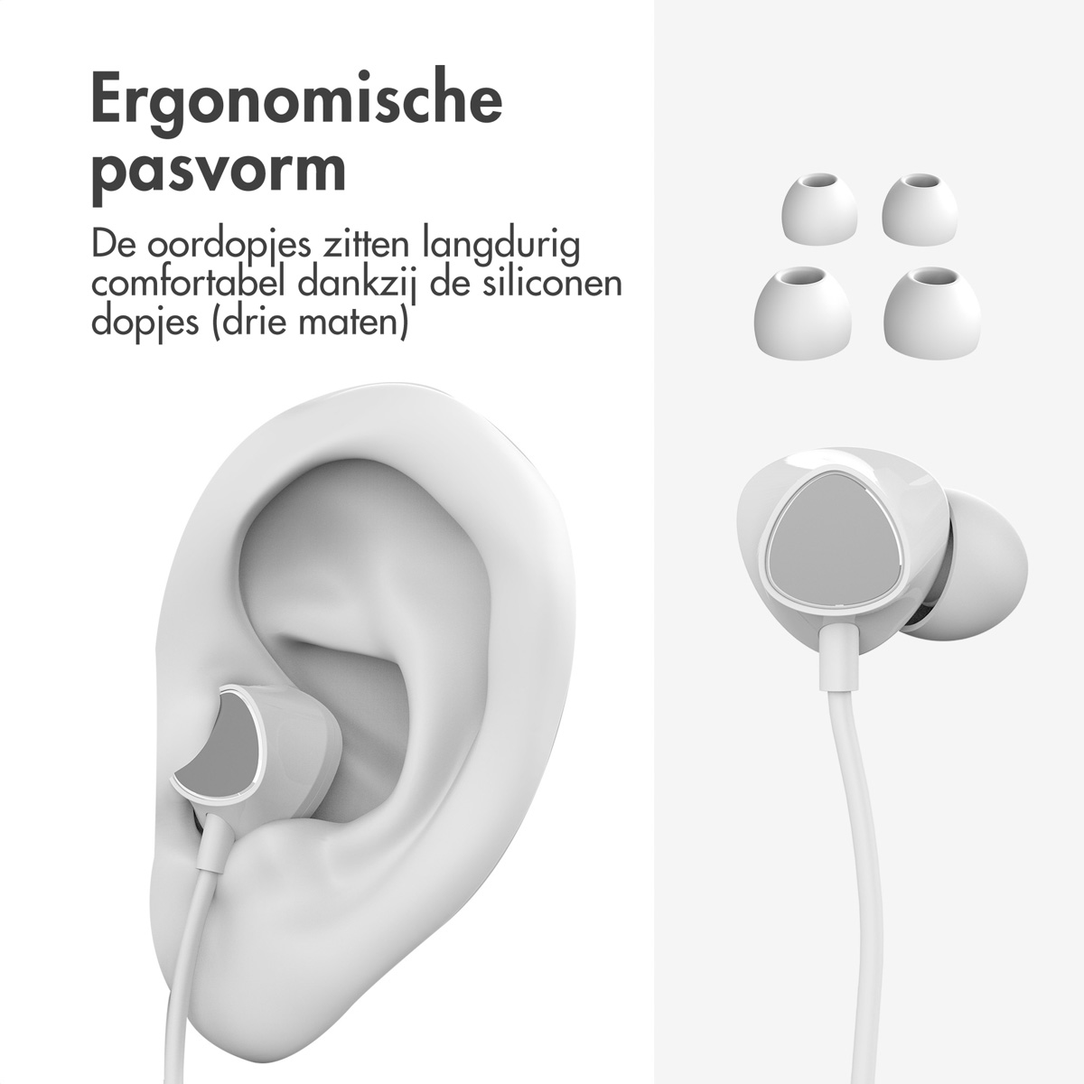 An ear with a white earbud. Next to it are four white earbud tips and an earbud.