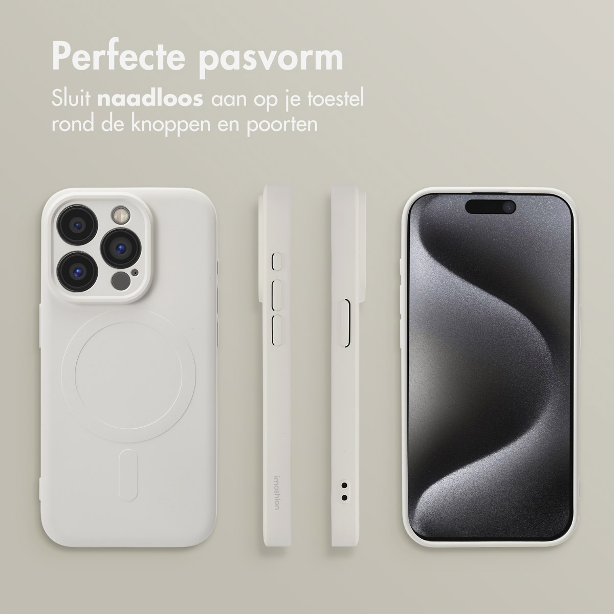 Witte telefoon met witte hoes in verschillende aanzichten. Zijaanzicht toont knoppen.
