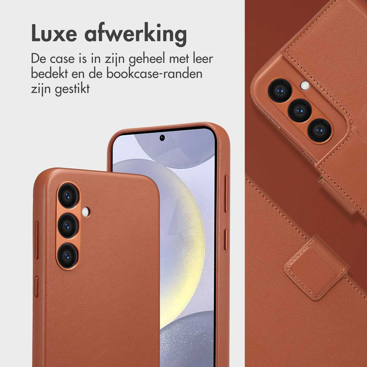 Bruine leren telefoonhoesjes, met details en stiksels op het oppervlak.