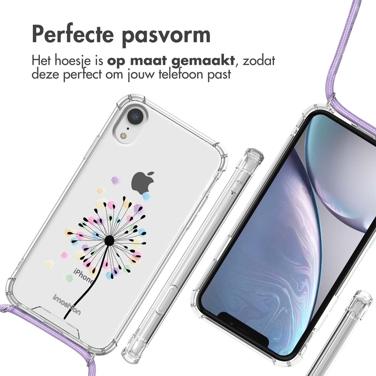 Doorzichtig iPhone-hoesje met een kleurrijk paardenbloemmotief en een lavendelkleurige band.