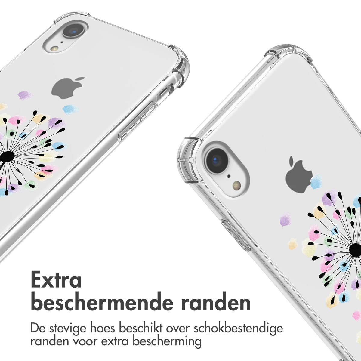 Transparante telefoonhoes met paardenbloemdesign. Tekst: Extra beschermende randen.