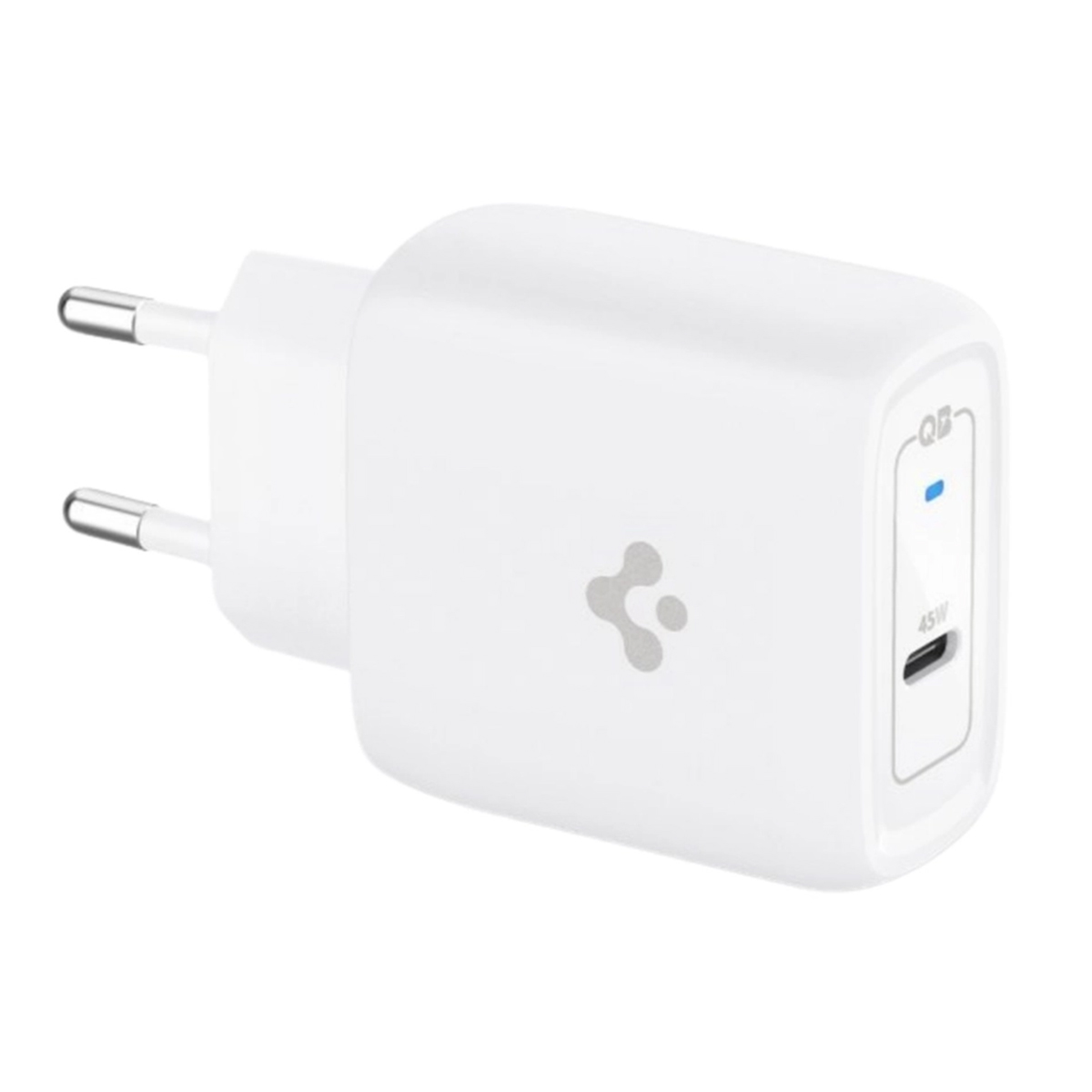 İki uçlu beyaz bir telefon şarj cihazı. Şarj cihazında bir USB-C bağlantı noktası ve Spigen logosu bulunur.