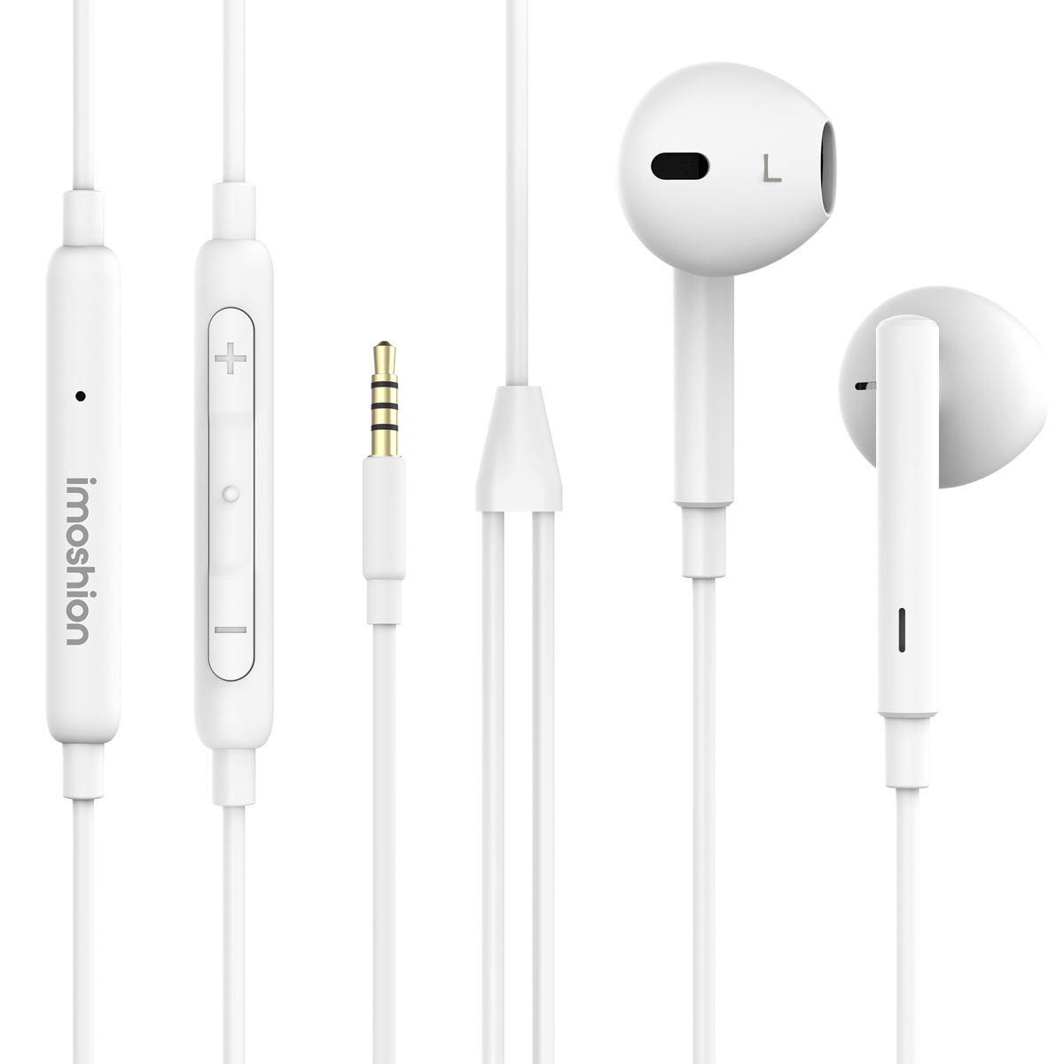 White earphones with a control button and a gold-colored jack.