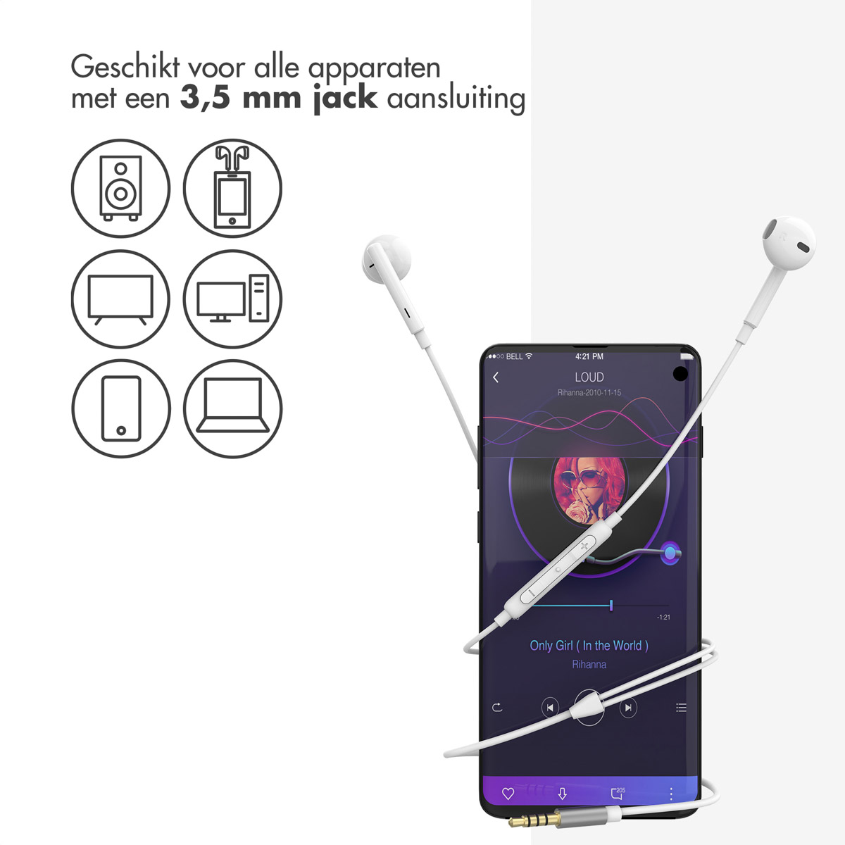 Phone with earphones and a 3.5mm jack. The screen shows a music app with lyrics.