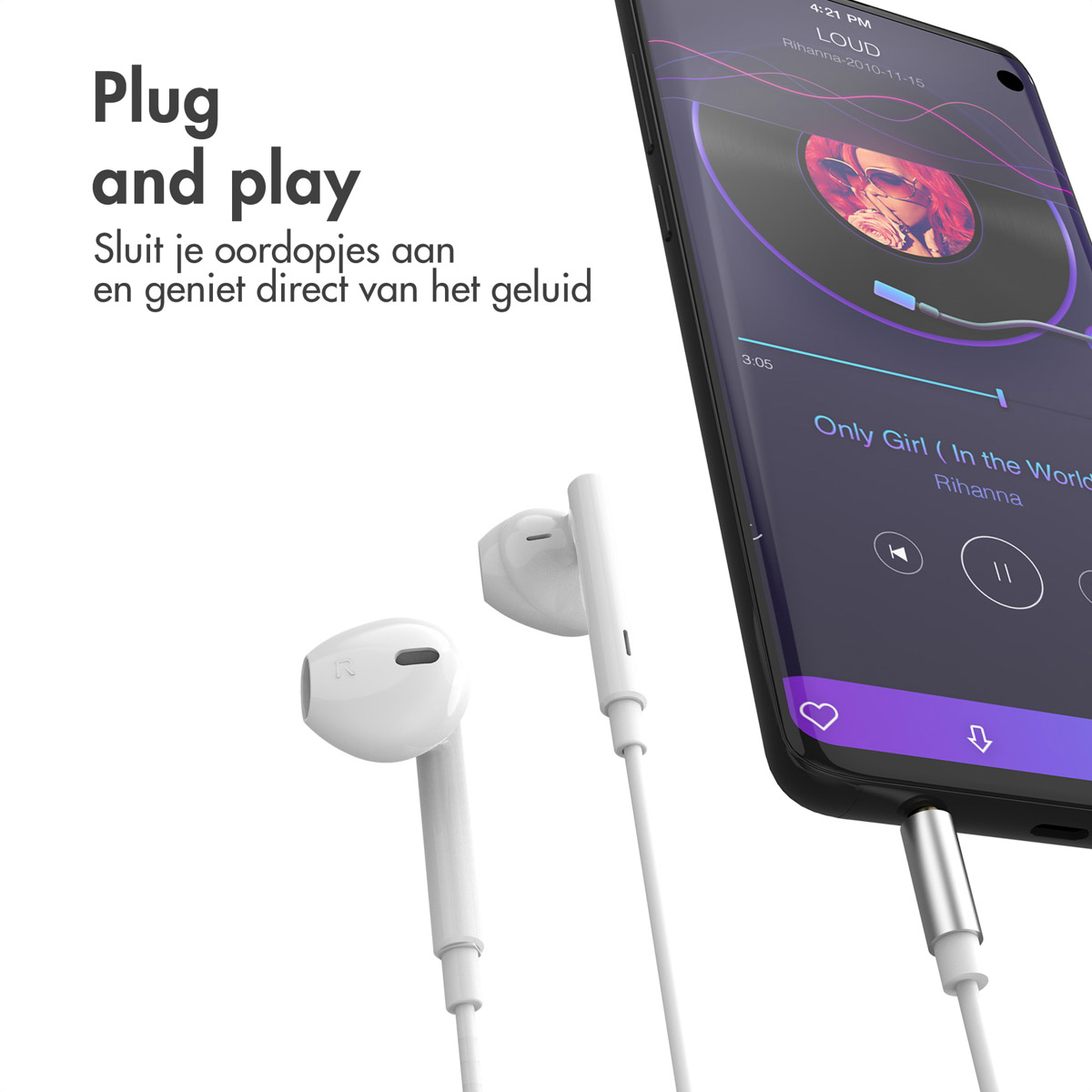 White earbuds are connected to a phone playing music. The phone displays a music app.