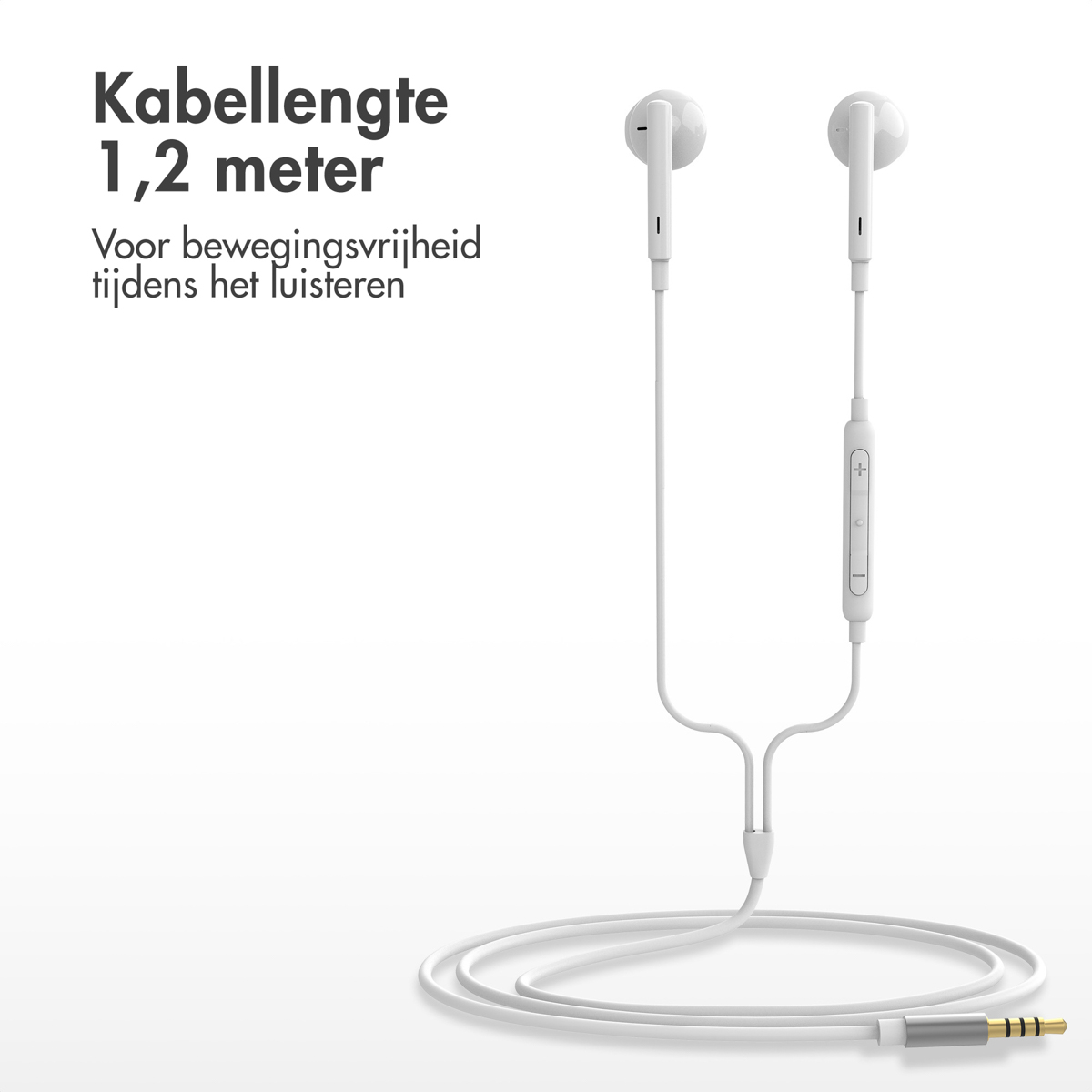 White earbuds with a 1.2-meter cable, a remote, and a gold-tipped connector.