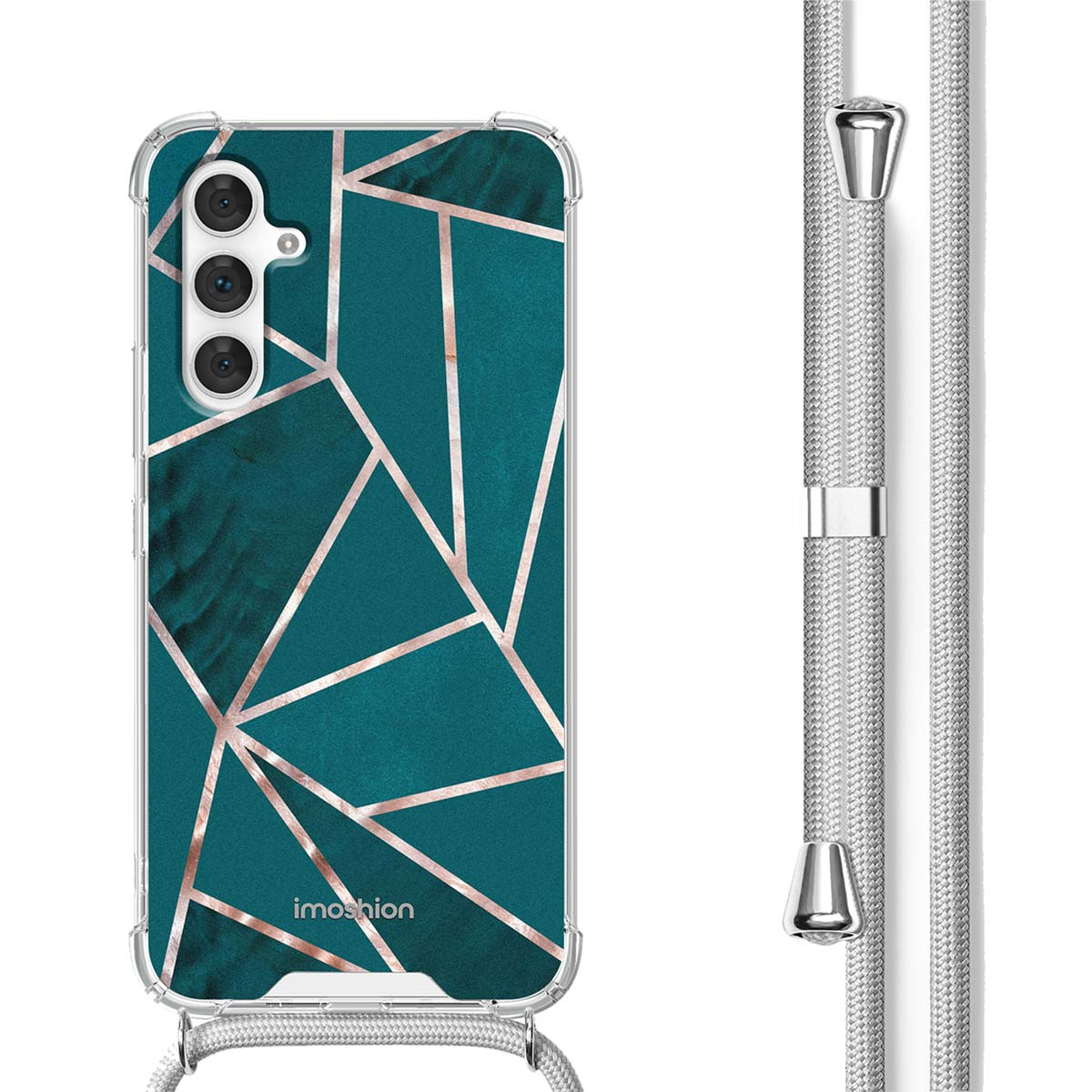 Telefoonhoesje, teal marmerpatroon, roségouden lijnen, transparante zijkanten, met een touwtje.