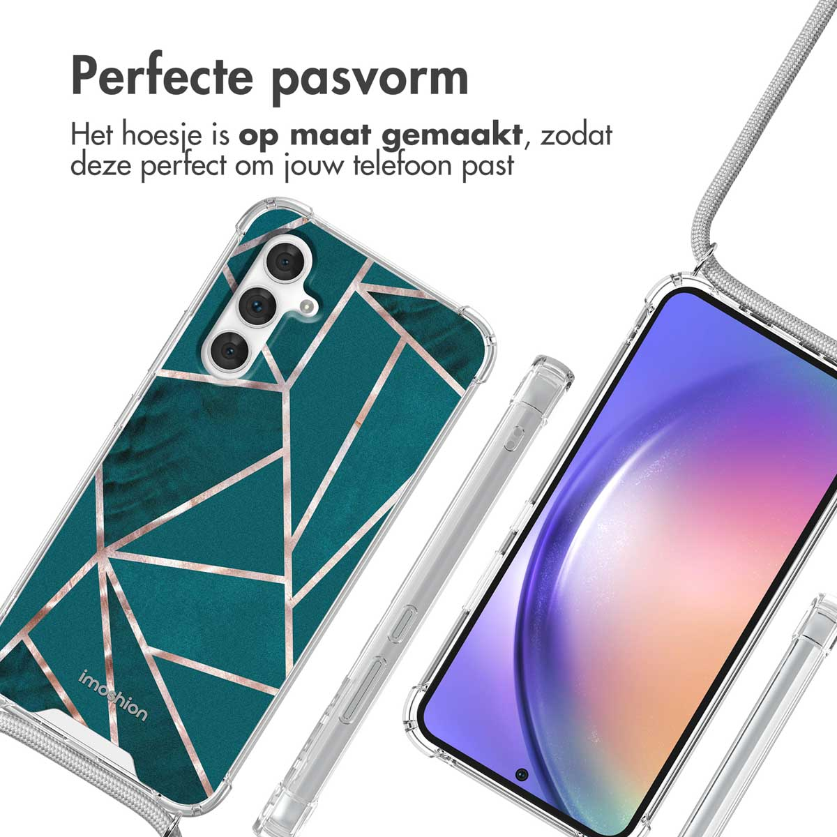 Blauwe telefoonhoes met goud geometrisch design, op een telefoon.