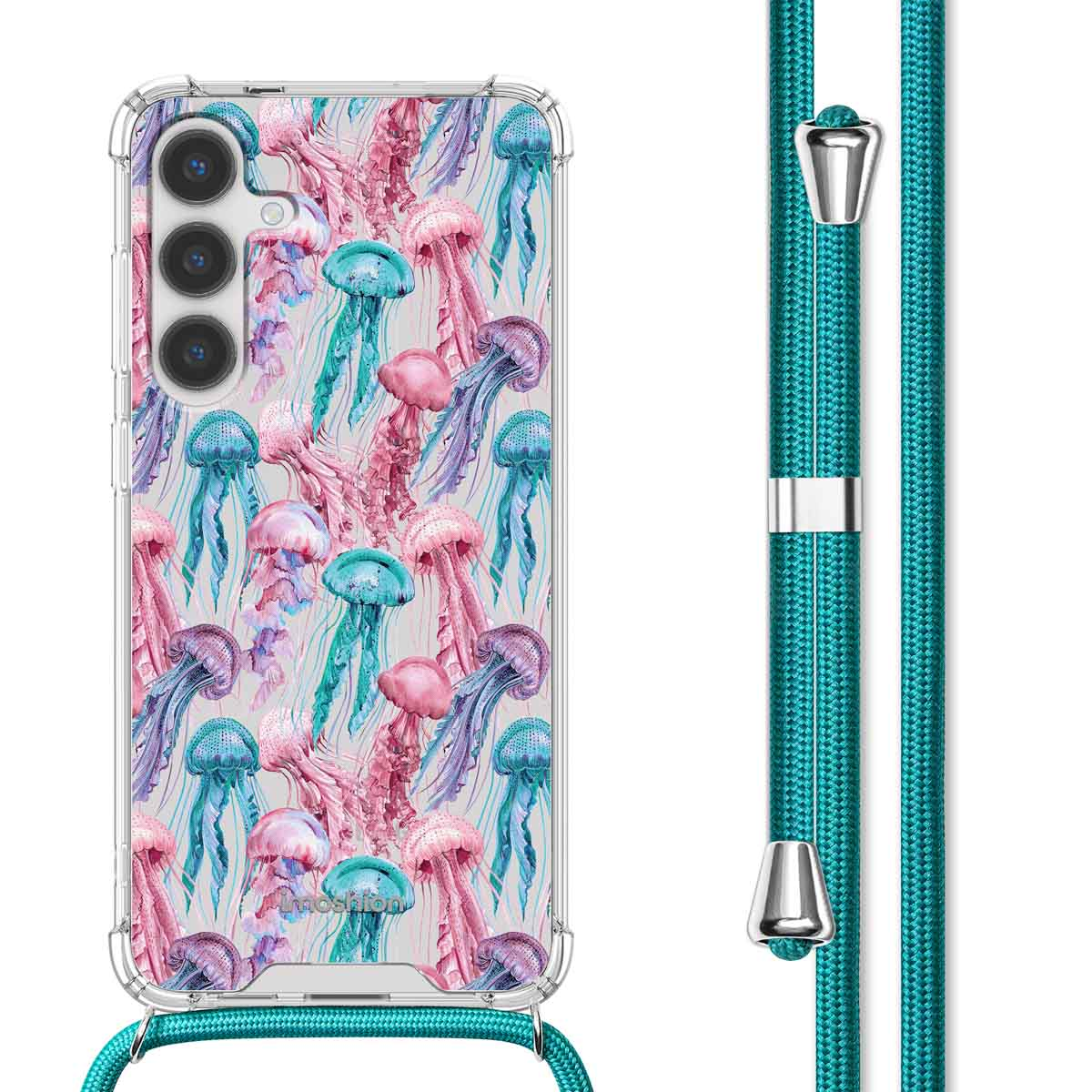Coque transparente avec motif méduses et cordon turquoise avec accents argentés.