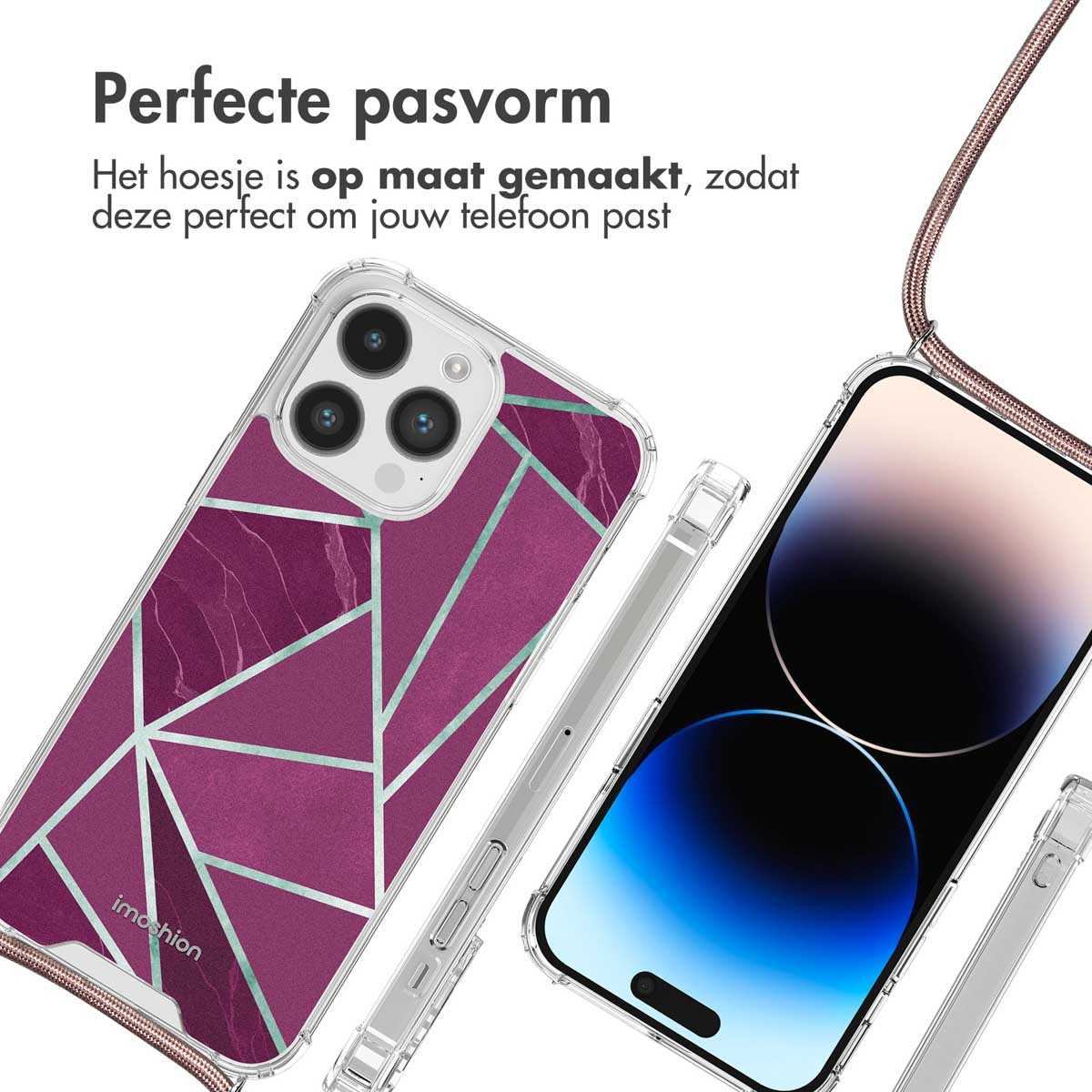 Telefoonhoesje met een geometrisch paars ontwerp op een telefoon. De telefoon staat naast zijn zijhoesjes.